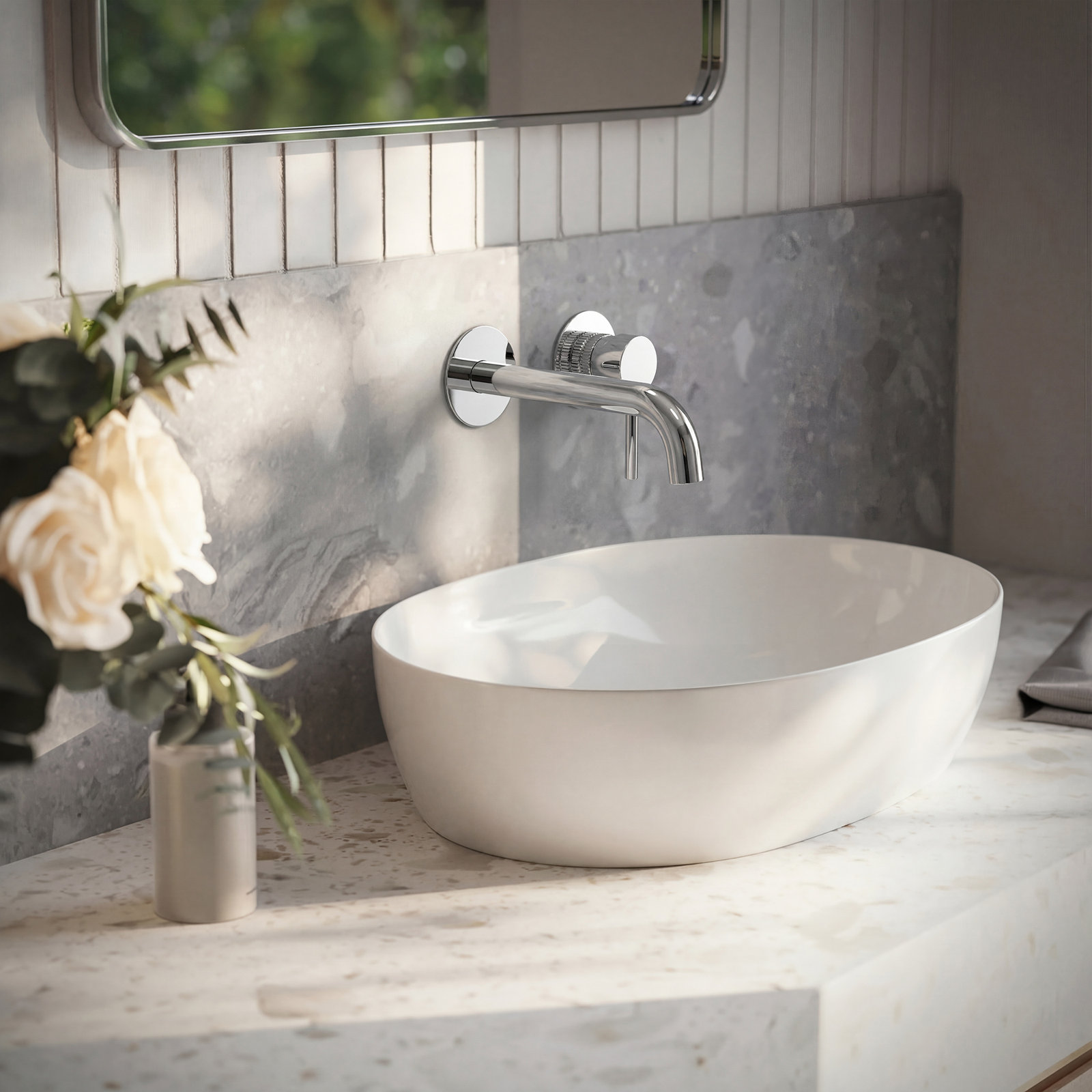 Wall-Mounted Bathroom Faucet with Drain, Chrome