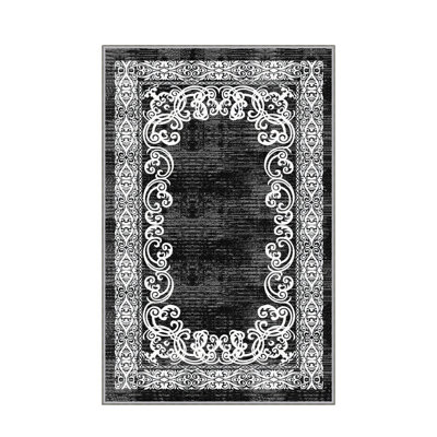 Tapis oriental en polyester tissé à plat Elmdale en noir / gris / blanc