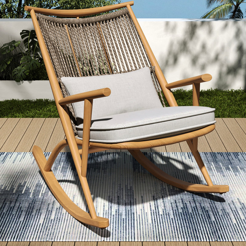 Chaise berçante d'extérieur avec fer en ton d'érable, assise en PE gris respirant, coussins moelleux - finition rouille, épaisseur