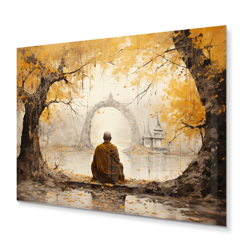 Bouddha gris et jaune, chemin illuminé I - décoration murale spirituelle en métal, H 12 po x l 20 po x P 1 po