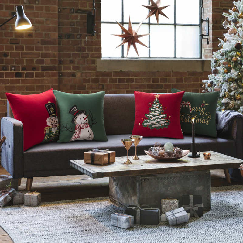 Holiday Embroidered Christmas Throw Pillow Set, Pillow Cover with Inserts