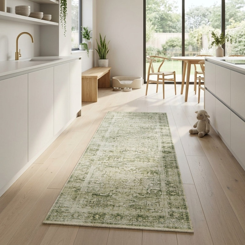 Tapis de couloir de cuisine Boho, Motif floral vert