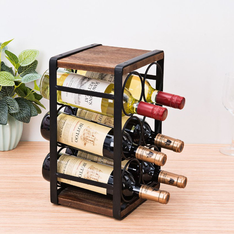 Support à vin de comptoir pour 6 bouteilles, porte-bouteilles en bois et métal rustique, support de présentation autoportant pour cuisine, bar et table de salle à manger