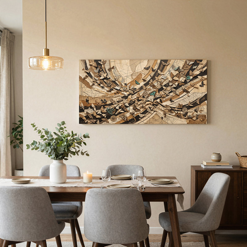 Art mural rétro sur toile, papillons et boussole, L 32 po x H 16 po