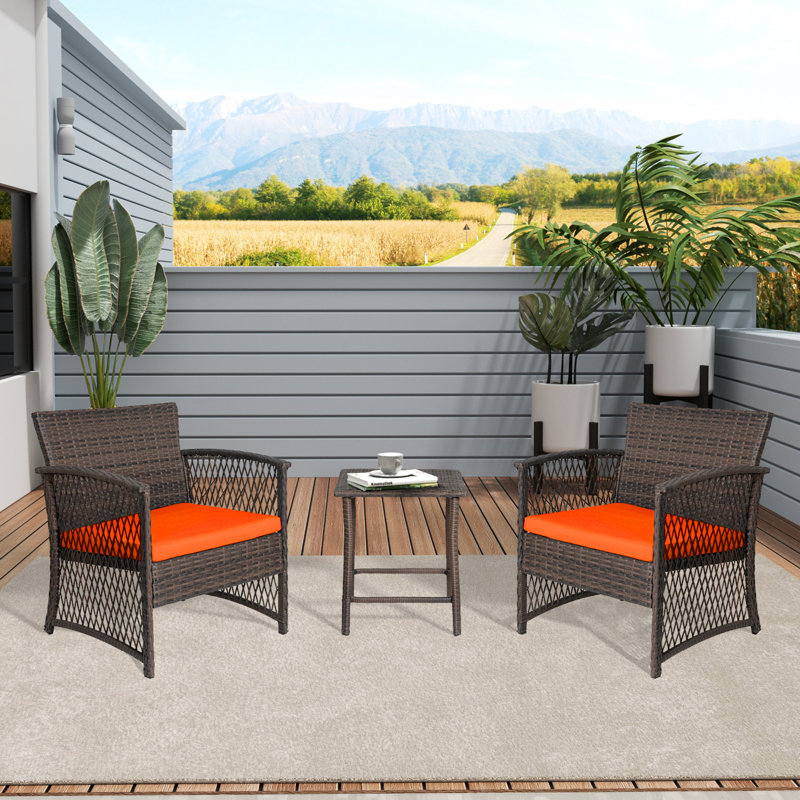 Ensemble de sièges Bella en rotin 3 pièces avec coussins, Orange, Café