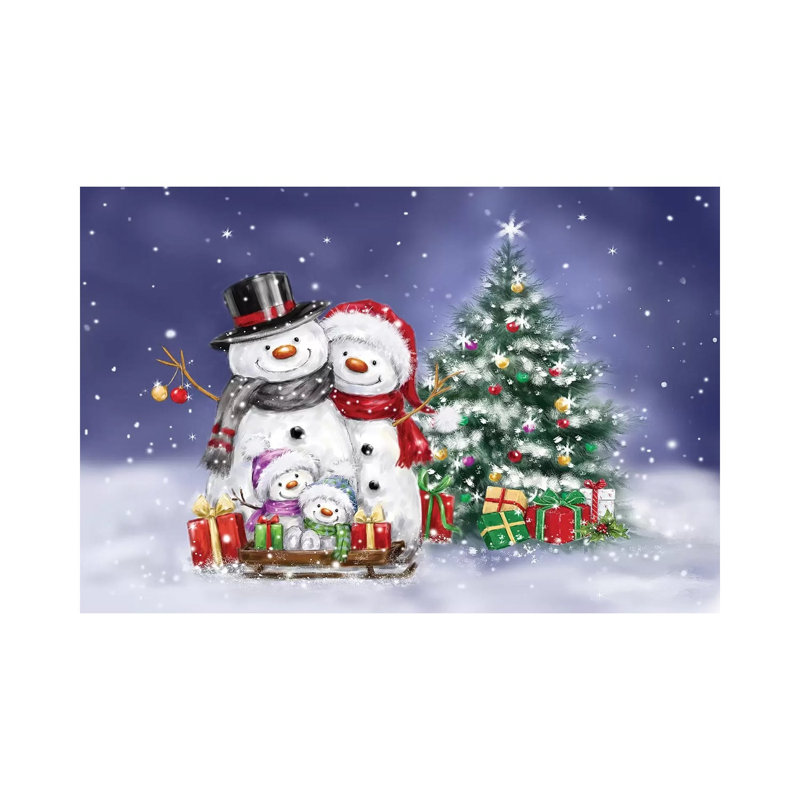 «Snowman Family and Tree» par Makiko - reproduction d'art sur toile tendue, H 8 po x l 12 po x P 0,75 po