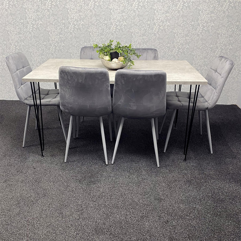 Grey Dining Table with Hairpin Legs & 6 Velvet Chairs (75cm), 75cmH x 140cmL x 80cmW, Grey 