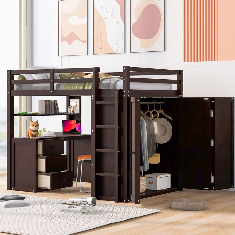 Lit mezzanine double avec garde-robe. Fabrication solide. Tiroirs et bureau polyvalents. Pièce de chambre à coucher moderne. Armoire, tiroirs, bureau 78 po. L 78,3 po x l 56,7 po. Chambre fonctionnelle.