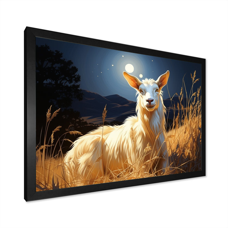 «White Caprine Goat Charm Meadows I», art mural animal de chèvre, Cadre d'angle fermé noir, H 16 po x l 32 po x P 1 po