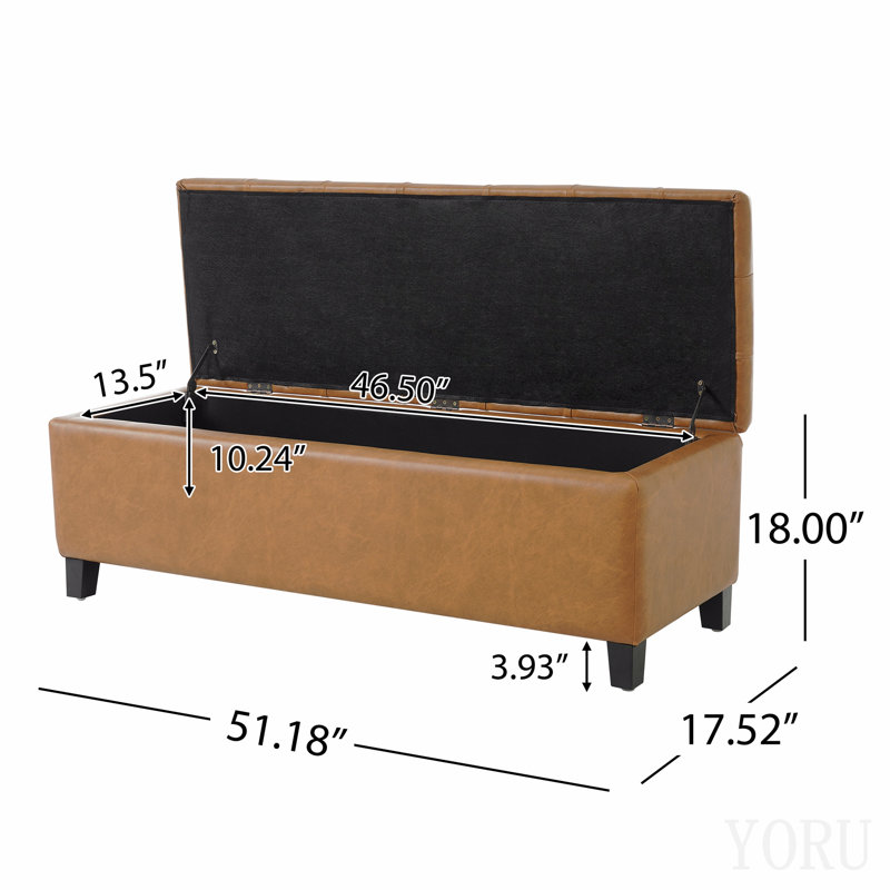 Banc ottoman avec rangement, surface en PU marron, pieds en bois d'hévéa, capacité de charge de 136 kg