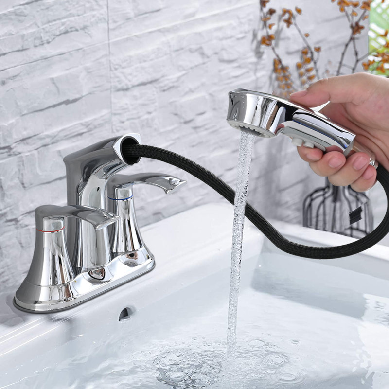 Bathroom Sink Faucet With Pull-Out , 2 Handles 4 Inch Utility Faucet. Crafted From 304 Stainless Steel, Stain And Corrosion. Detachable Aerator For Water Efficiency. Brass Valve Reliable Operation.