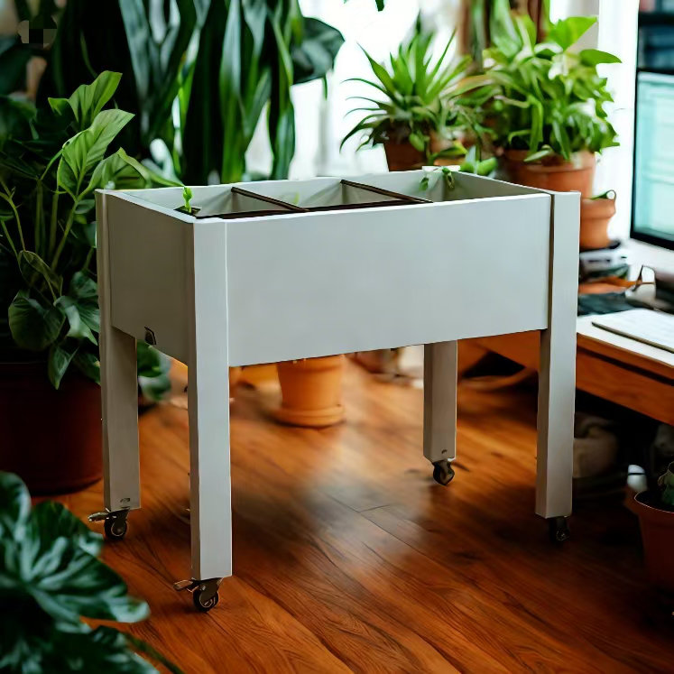 Support à plante moderne en gris et brun clair - jardinière surélevée avec roues pour une utilisation intérieure / extérieure