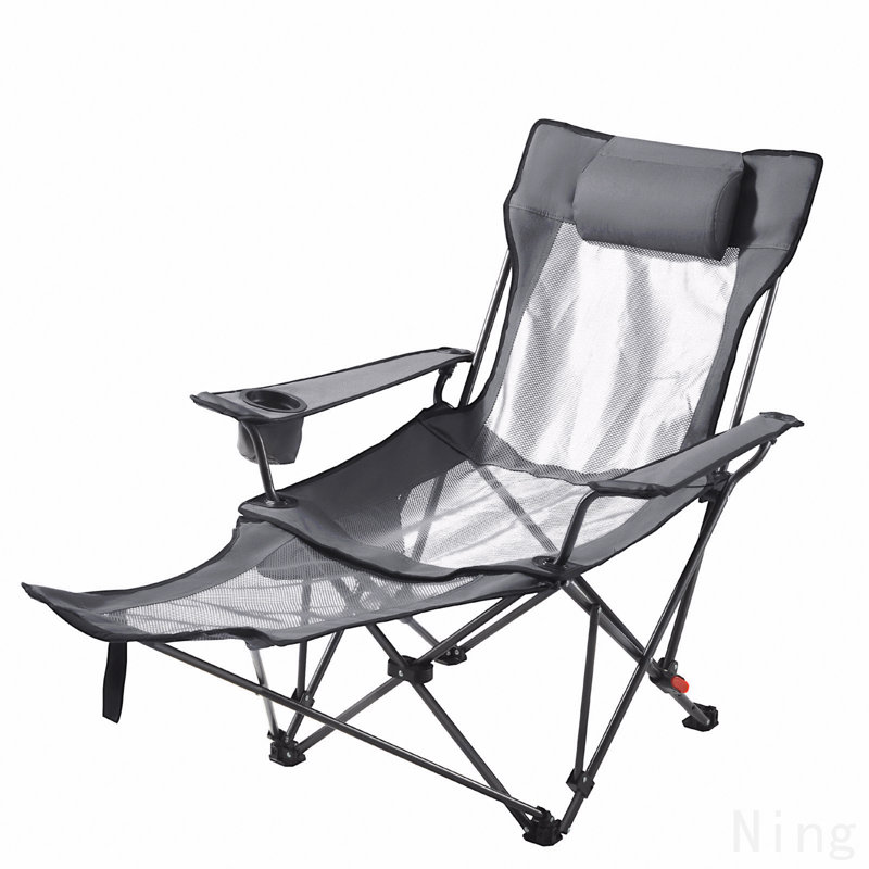 Reclining Camping Chair, 4 Adjustable Positions, Portable Folding Lounger For Adults, Mesh Beach Chair With Headrest & Foot Rest, Supports 220 Lbs, Heavy Duty Camp Chairs For Patio, Gray