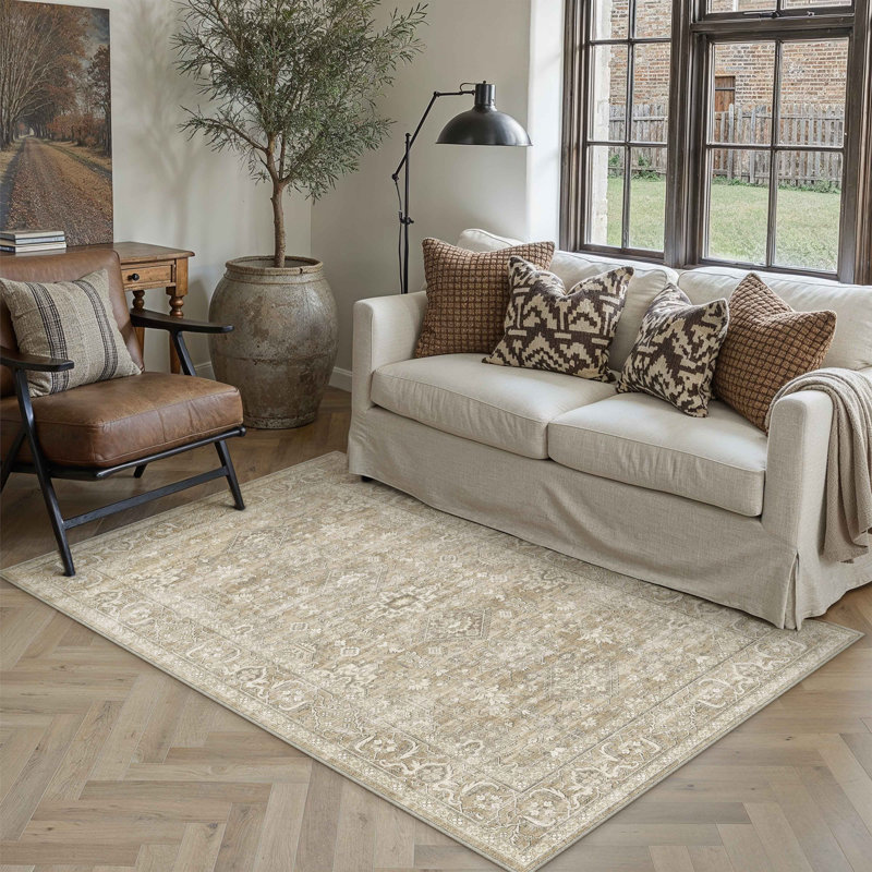 Tapis oriental lavable à la machine avec envers antidérapant Avella, Beige, Rectangulaire 3 pi x 5 pi