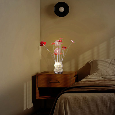Aluminum 4 Red Roses 6 Petal Floral 2 Red/Silver Flower Bud On A 4 Squared Modern Hexagona Chrome Vase Table Lamp For Living Room, Nightstand Bedside Table Lamp For Bedroom, Led Lamp