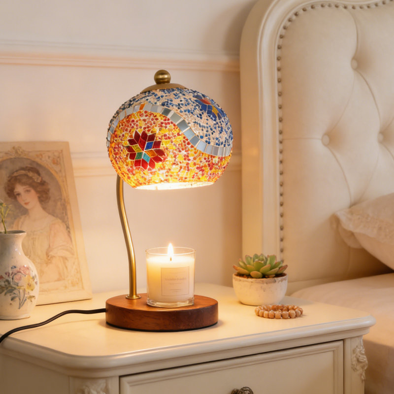 Lampe de table bohémienne en verre mosaïque, éclairage à intensité variable, éclairage décoratif floral coloré avec plateau à bougie en bois