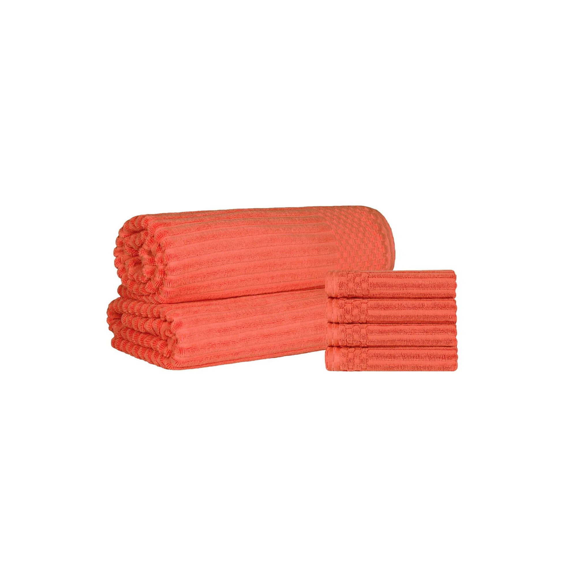 Keshayla Ribbed Cotton Absorbent Heavy 4pc Hand Towel and 2pc Bath Sheet Set, Coral Orange