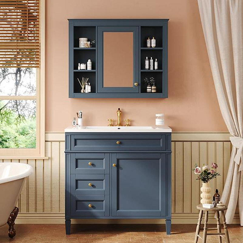 Meuble-lavabo 36 po avec armoire à pharmacie, armoire de rangement moderne avec 2 portes à fermeture douce et 4 tiroirs, meuble-lavabo simple
