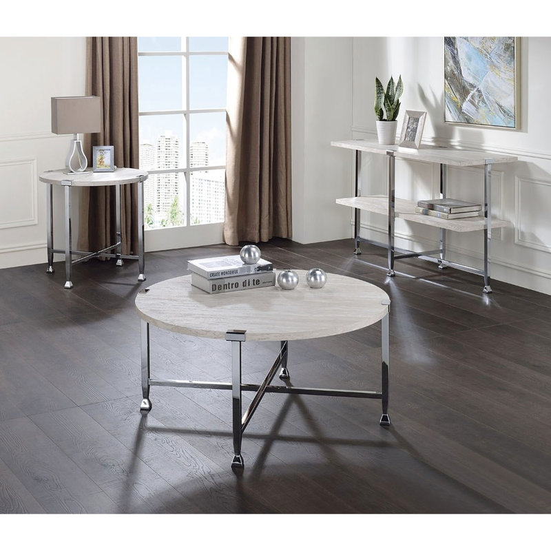 Table basse contemporaine de style contemporain avec finition en chêne blanc sur le dessus, structure en métal, taille 36 x 36 x 18