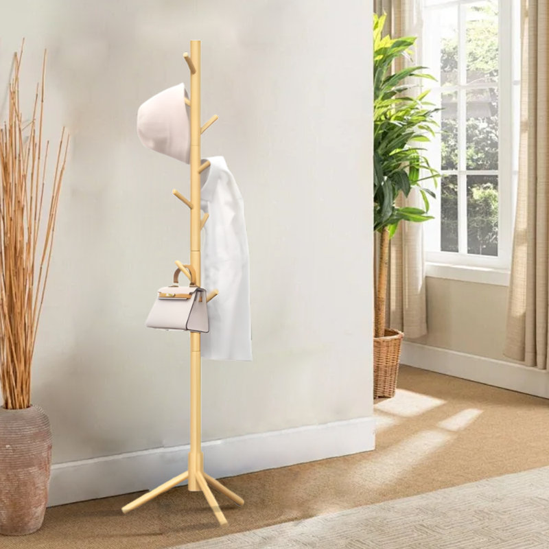 Coat Rack Freestanding With 8 Sturdy Hooks, Natural