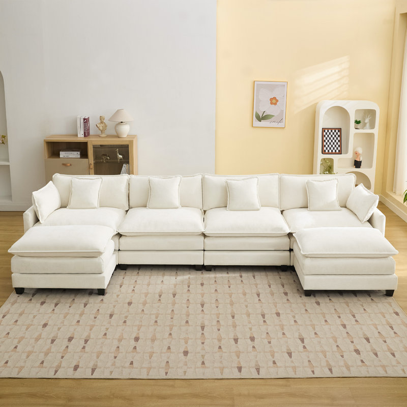 Canapé modulaire rembourré en chenille avec repose-pieds Chenille, Beige, 6