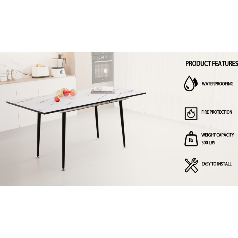Table extensible de 47 po à 63 po, marbre blanc éclatant, industrielle moderne pour la cuisine et la salle à manger, avec des pieds en métal effilés noirs