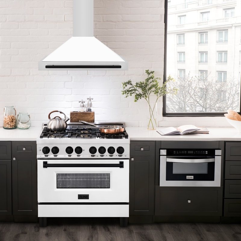 36" 400 CFM Ducted Wall Mount Range Hood, White Matte/Matte Black