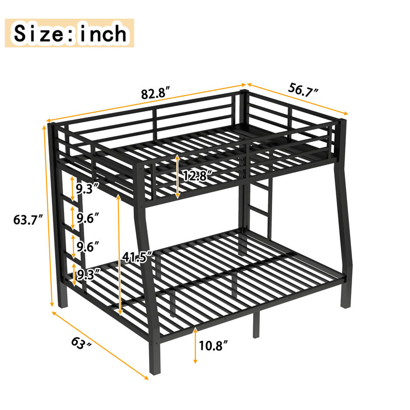 Metal Full XL over Queen Bunk Bed for Teens & Adults, Space-Saving, Noise-Reduced, No Box Spring, Black