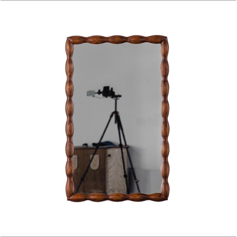 36.02" Mid-Century Modern Swirl Wood Frame Mirror - Solid Wood & MDF Wall-Mounted Full-Length Mirror, Brown Decorative Mirror For Bedroom/Living Room