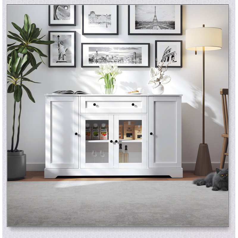 Buffet moderne blanc avec rangement, tablettes réglables et tiroir pour l'organisation de la cuisine, de la salle à manger et du salon