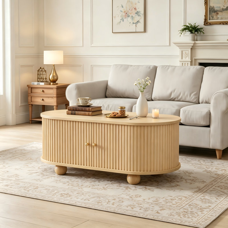 Oak Fluted Coffee Table With Sliding Storage Doors, Oval Centre Table With Hidden Storage