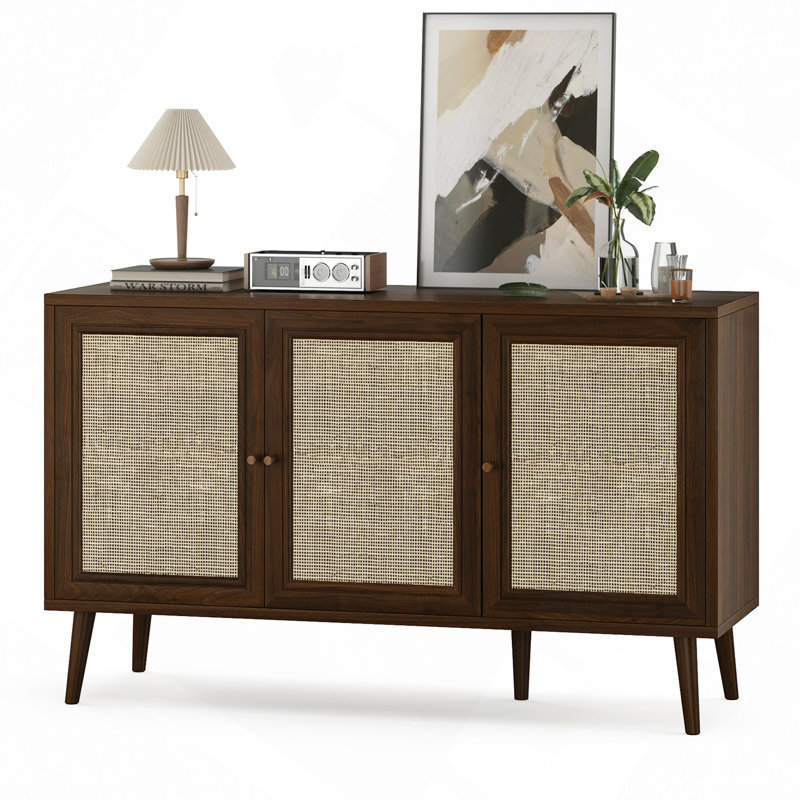 Sideboard Buffet Cabinet With 3 Rattan Doors,Kitchen Storage Console Cabinet For Entryway Living Room (Small), Walnut