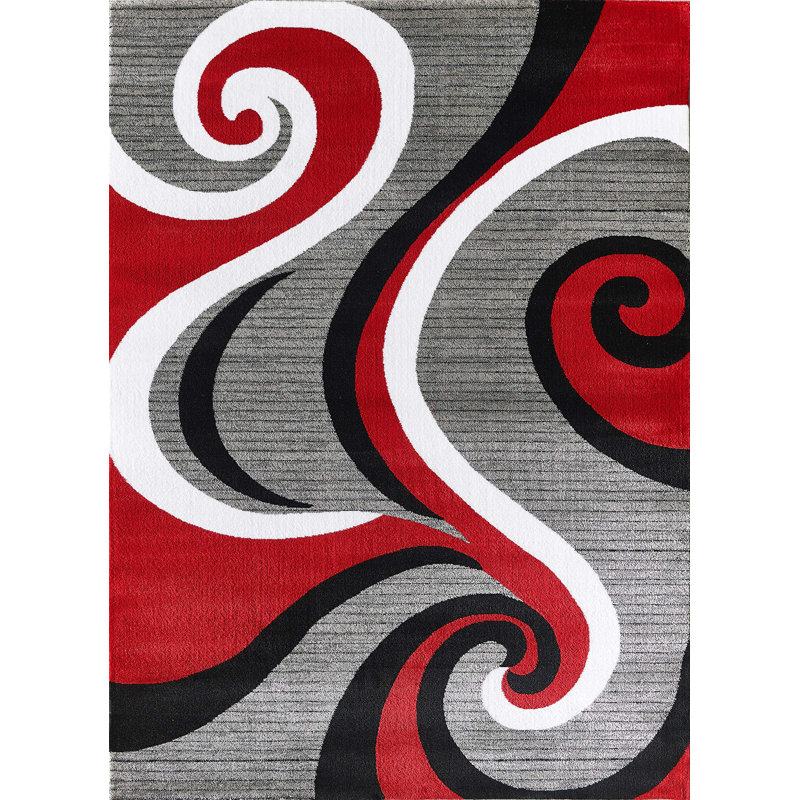 Glory RugsModernAreaRugRed&GraySwirls,Contemporary forBedroom,LivingRoom,Dining, Rectangle 5'3" x 7'