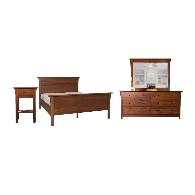 Ensemble de grand lit 4 pièces Erie, table de chevet, miroir, commode Erie