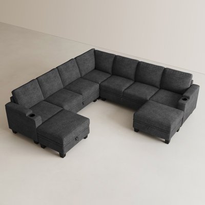 Chenille Modular U-Sectional With Storage Ottomans