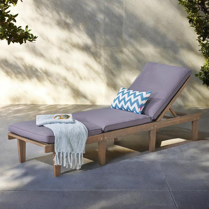 Gray Acacia Wood Outdoor Chaise Lounge with Cushions