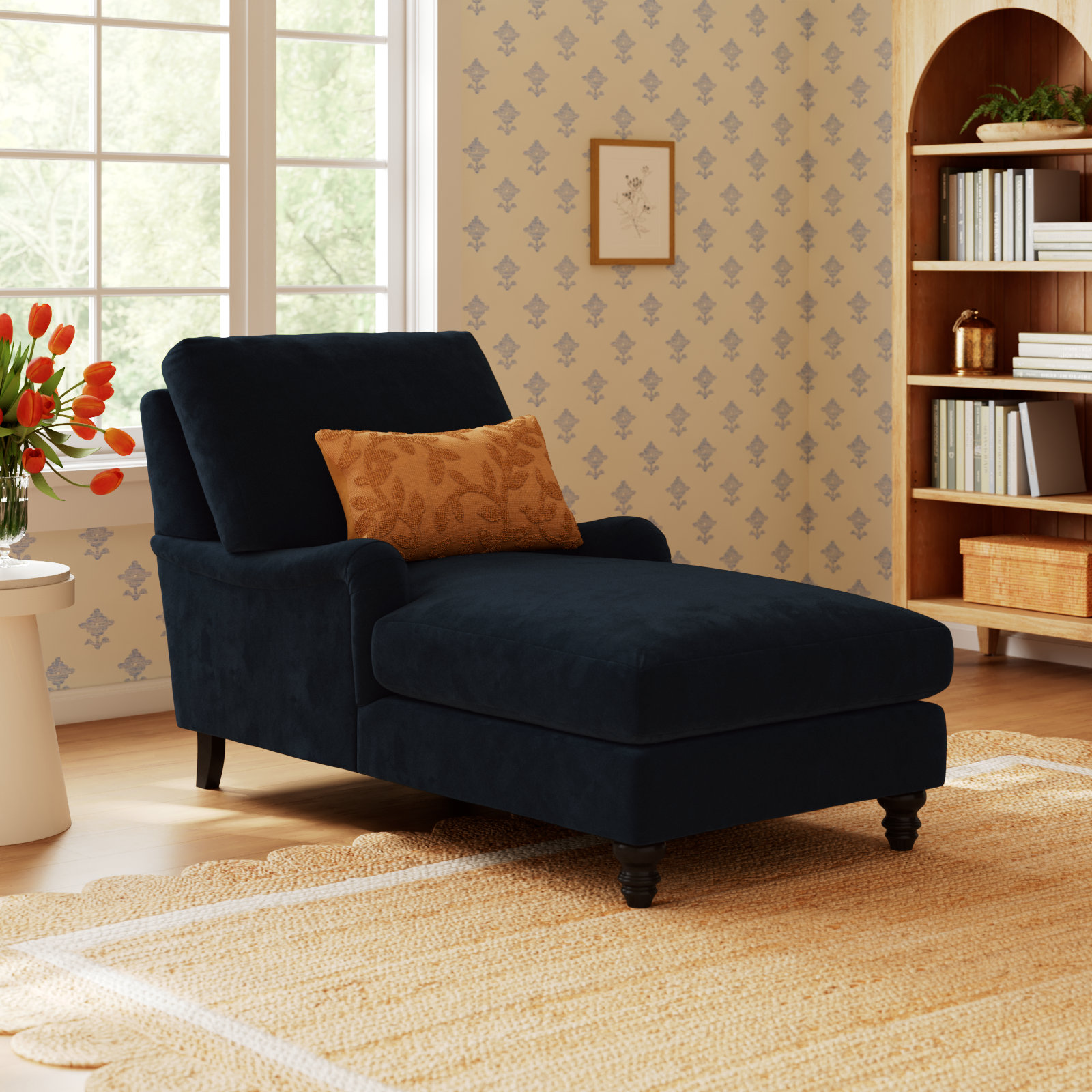 Walters Chaise Lounge, Bella Ink Blue Performance Velvet