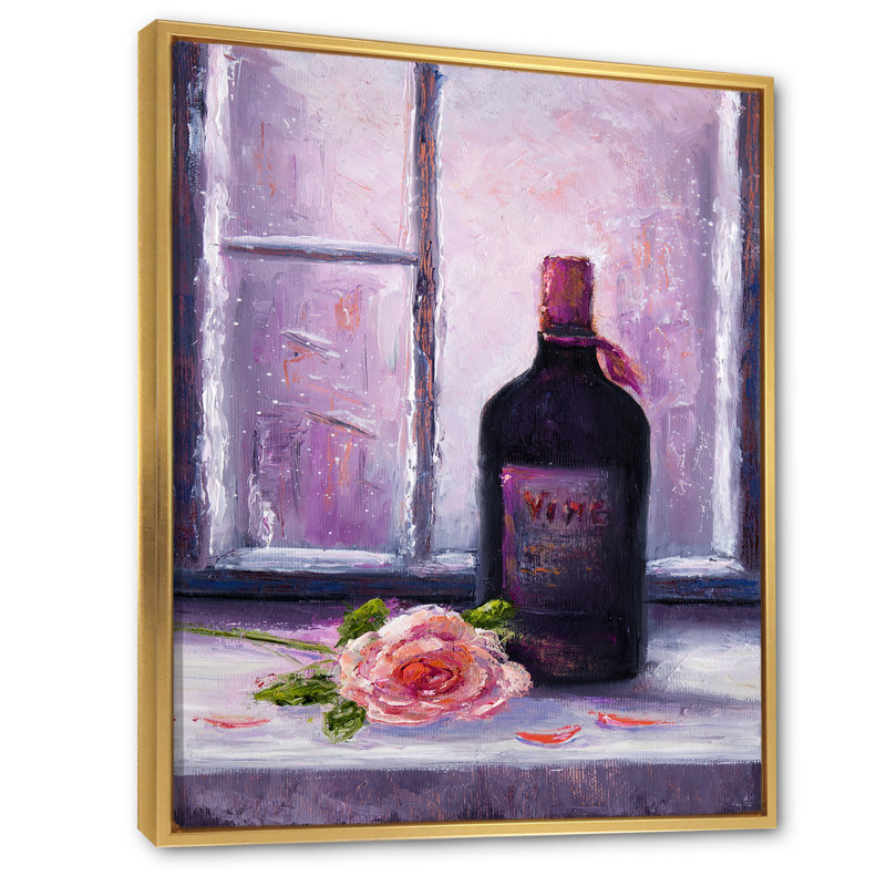 «Red Wine Bottle», peinture sur toile, H 20 po x l 12 po x P 1 po, Cadre flottant doré