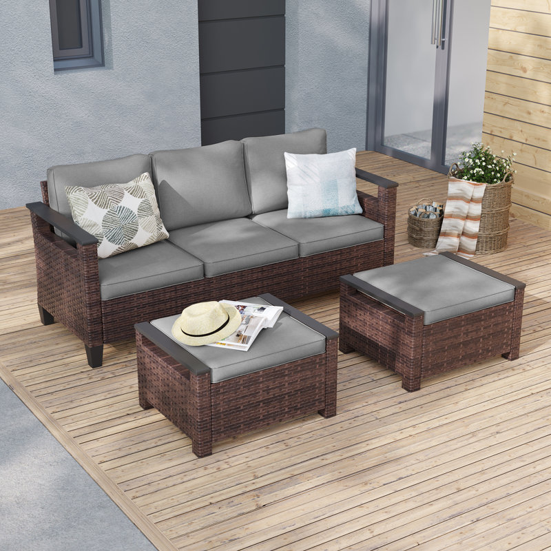 3-Piece Patio Sofa Sets with Ottomans, PE Rattan Wicker for Patio , Deck and Yard, Gray