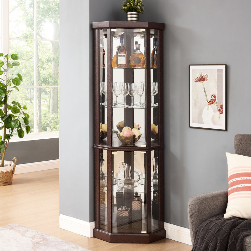 Armoire vitrine de salon - cerisier foncé, portes en verre, tablettes réglables, cerisier lumineux pour le rangement des ornements