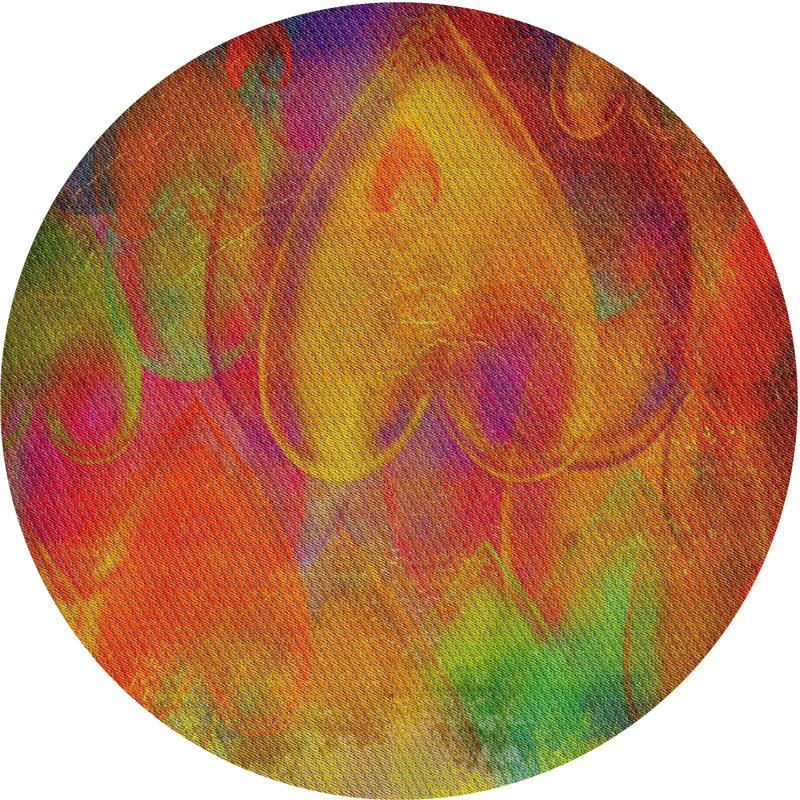 Tapis orange/vert à motifs, Rond 8 pi