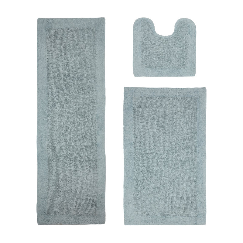 Merkel 100% Cotton Tufted Premium 3 Piece Bathroom Rug Set Machine Washable Extra Soft & Absorbent Reversible Bath Rug, Blue