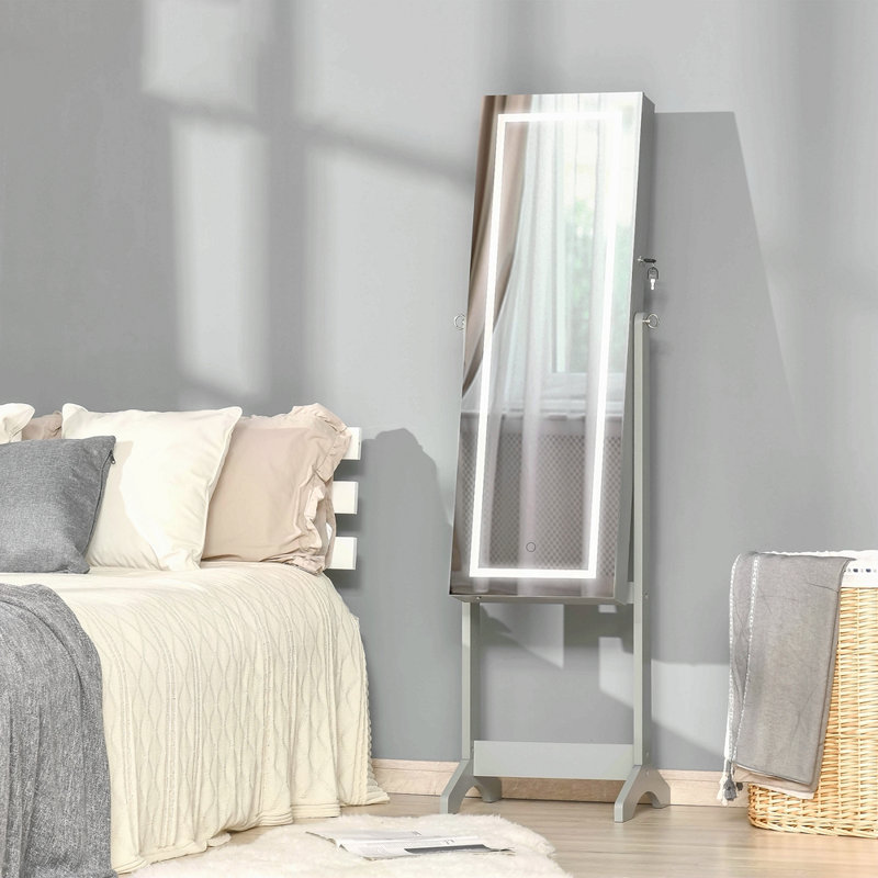 Armoire à bijoux sur pied avec éclairage à DEL, organisateur de bijoux verrouillable avec miroir pleine longueur et 4 angles réglables