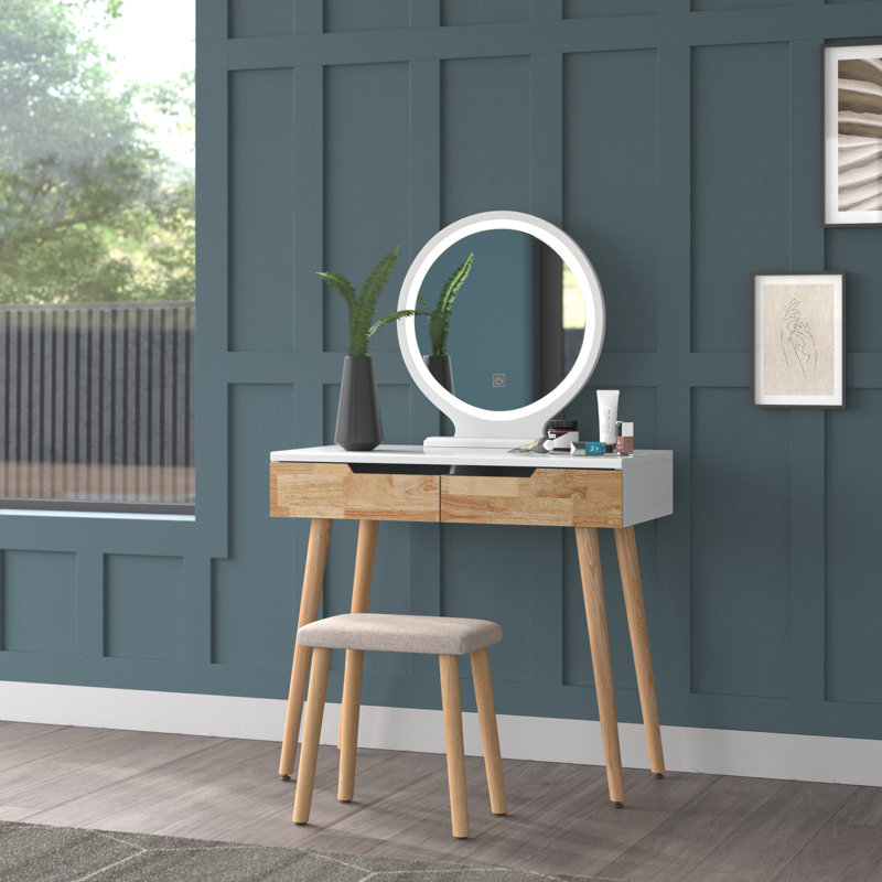 Rowell Vanity Table Set with 3 Modes Adjustable Brightness Mirror and Free Make-up Organizer