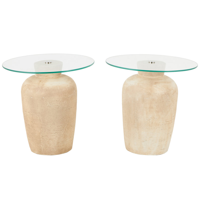 Magnesium Oxide Beige Side End Accent Table With Glass Tabletop Set