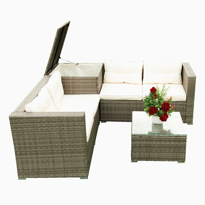 4 Piece Wicker Patio Sectional Sofa Set With Storage Box And Coffee Table