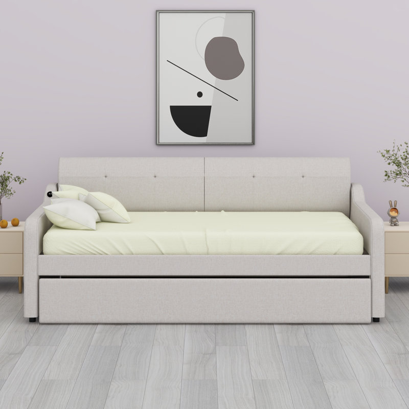 Upholstery Daybed With Trundle And USB Charging Design,Trundle Can Be Flat Or Erected, Beige