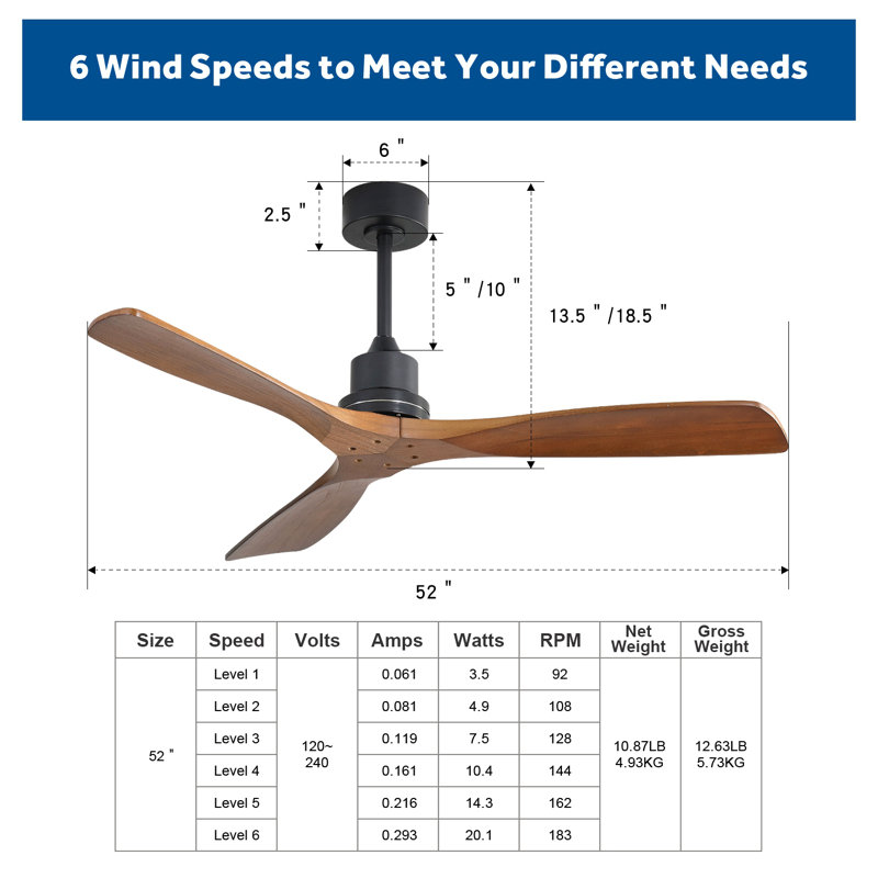 52 Inch Outdoor Farmhouse Ceiling Fan With Remote Control Solid Wood Fan Blade Reversible Motor, Black, Brown