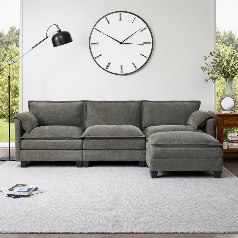 Velours de coton et de lin, repose-pieds de rangement latéral, sièges extensibles modulaires, dégagement pour robot aspirateur, assemblage sans outil en 3 minutes, tissu adapté aux animaux de compagnie