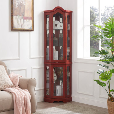 Vitrine de coin lumineuse avec portes et tablettes en verre trempé, idéale pour exposer des objets de collection dans le salon ou la chambre à coucher